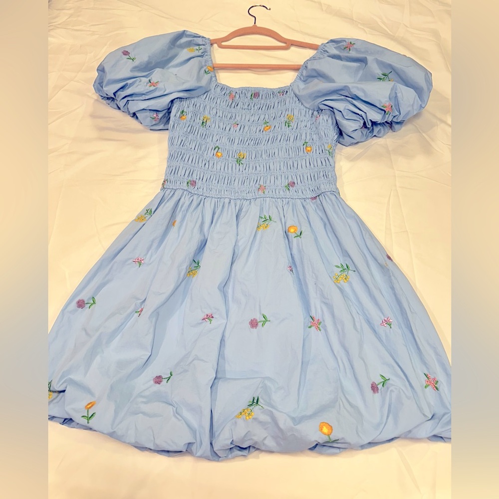 Floral Embroidered Light Blue Dress with Balloon Sleeves and Balloon Style Skirt
